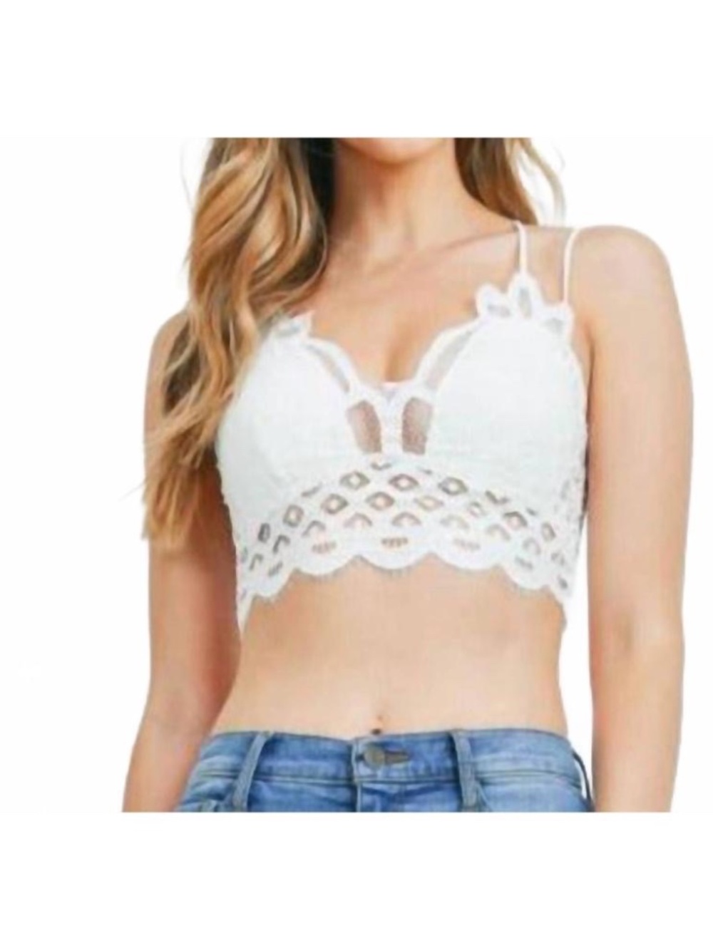 New Zenana Crochet Lace Bralette With Bra Pads Floral Pull On White Crop - Picture 2 of 6